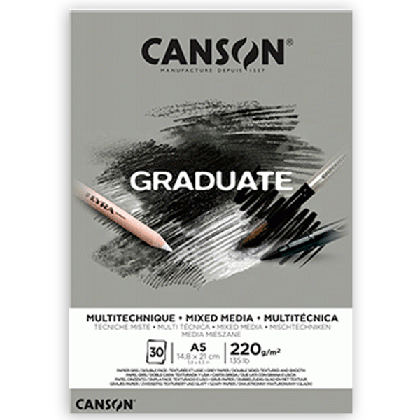 

Блок бумаги для миксованные техник Canson Graduate Mix Media Grey 220 гр А5 14,8х21 см 30л. (0110-37 (0110-370)