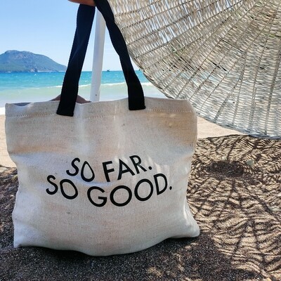 

Сумка пляжная с принтом "So far. So good." Beach сумка для пляжа с разноцветным принтом молочная