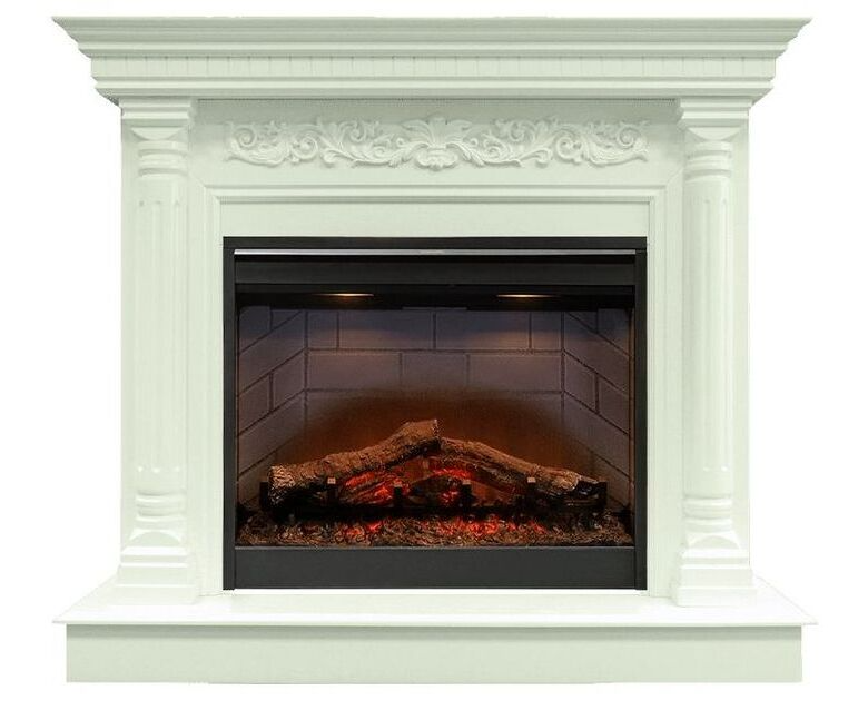 

Классический каминокомплект Fireplace Пьер Белый дуб с эффектом живого огня со звуком и обогревом