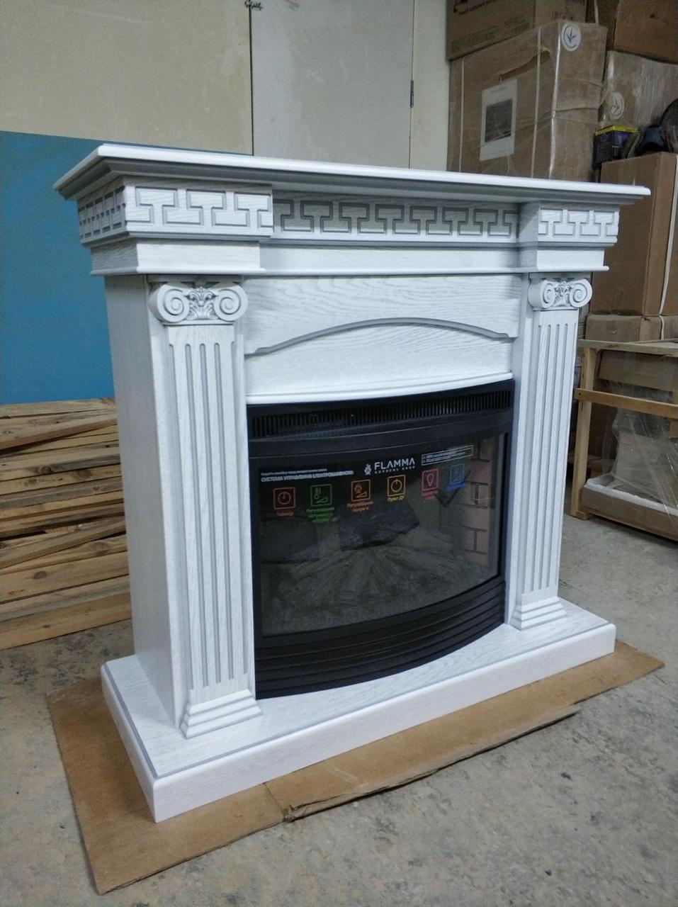 

Фронтальный каминокомплект Fireplace Олимп Белый дуб эффект живого пламени со звуком и обогревом