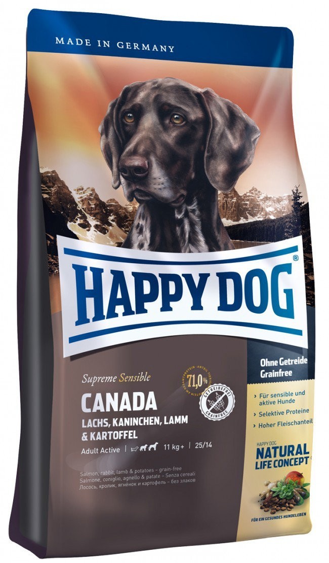 

Сухой корм Happy Dog Canada беззерновой корм для взрослых собак всех пород с чувствительным пищеварением (лосось и кролик) 12,5 кг