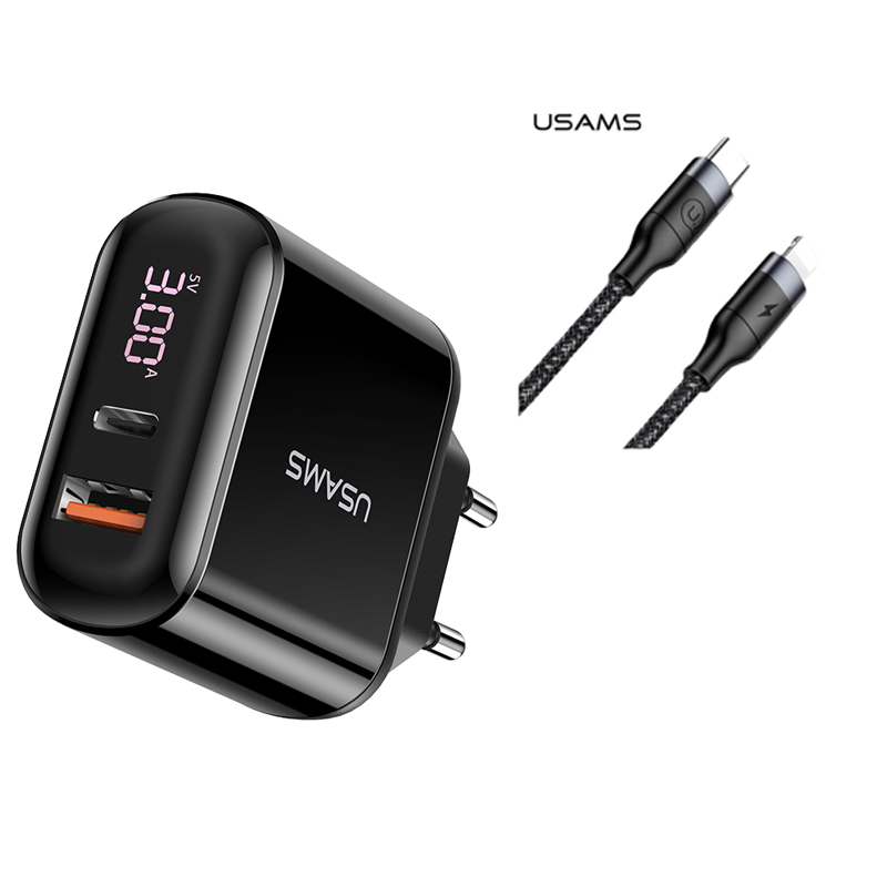 

Сетевое зарядное устройство USAMS Digital Display Fast Charger US-CC085 T23+U31 Type-C to Lightning cable |1USB/1Type-C, 3A, QC3.0/PD3.0, 18W|