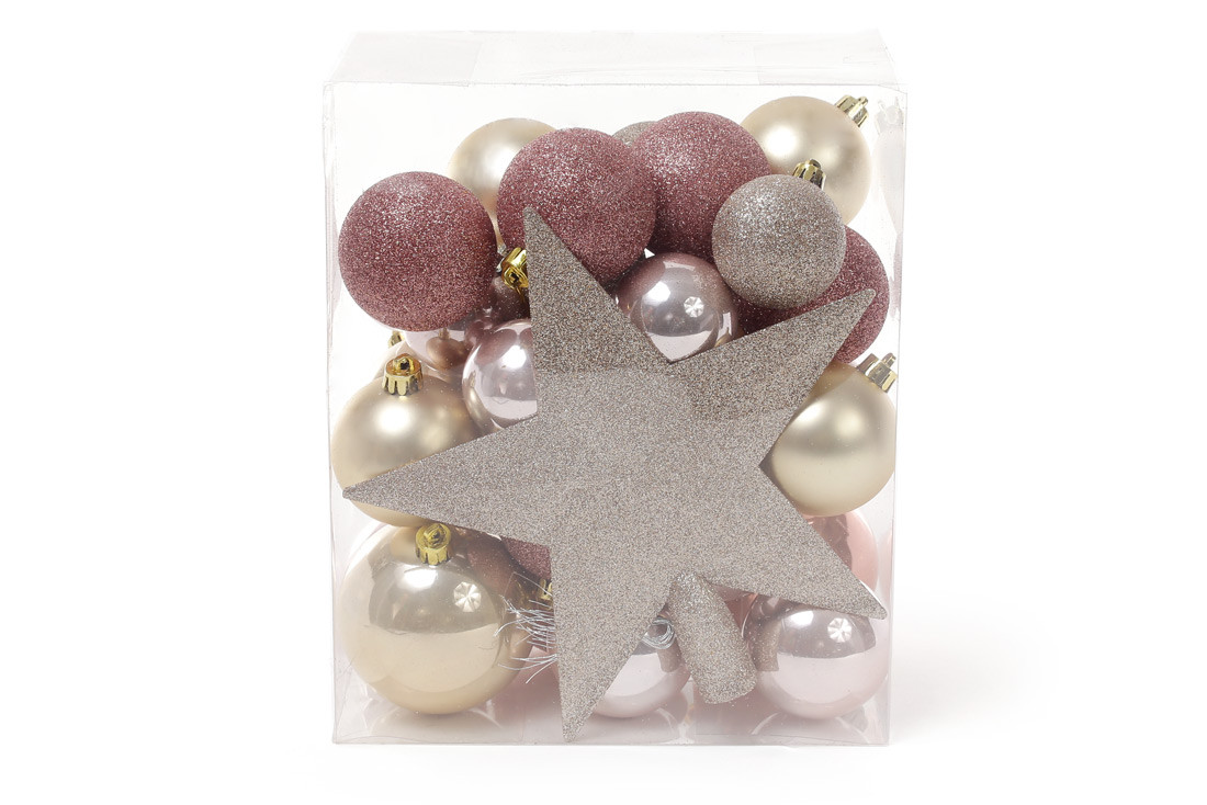

Набор елочных шаров (29шт) с верхушкой на елку Звезда (20см) микс цветов - шампань розовый медь микс