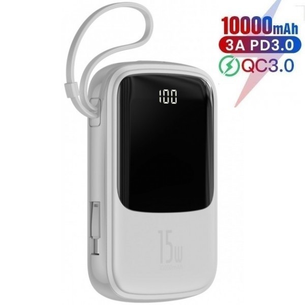 

Павербанк Baseus 15W Q Pow Display Fast Charge 10000mAh + кабель Type-C для/iPad/Samsung/Xiaomi/Huawei/iPhone white