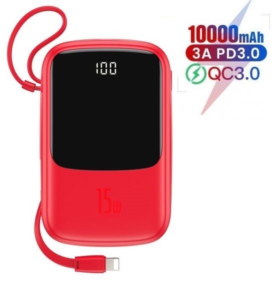 

Павербанк Baseus 15W Q Pow Display Fast Charge 10000mAh + кабель Lightning для iPhone/iPad/Samsung/Xiaomi/Huawei red