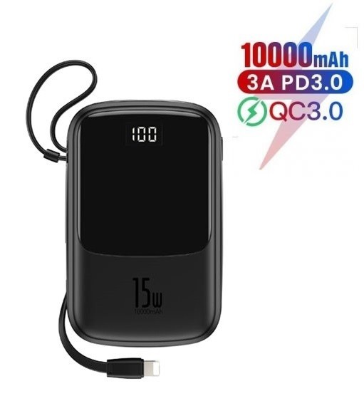 

Павербанк Baseus 15W Q Pow Display Fast Charge 10000mAh + кабель Lightning для iPhone/iPad/Samsung/Xiaomi/Huawei black