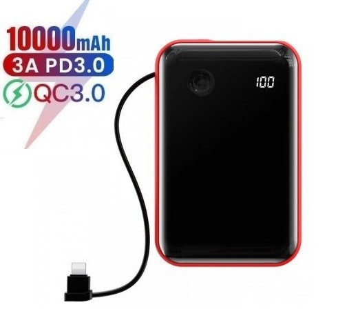 

Павербанк Baseus Digital Display 10000 mAh 15W/3A Quick Charge + кабель Lightning для iPhone/iPad/Samsung/Xiaomi/Huawei black-red