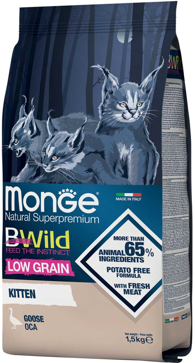 

Сухой корм для котят Monge Cat Bwild Low Grain с мясом гуски 1.5 кг