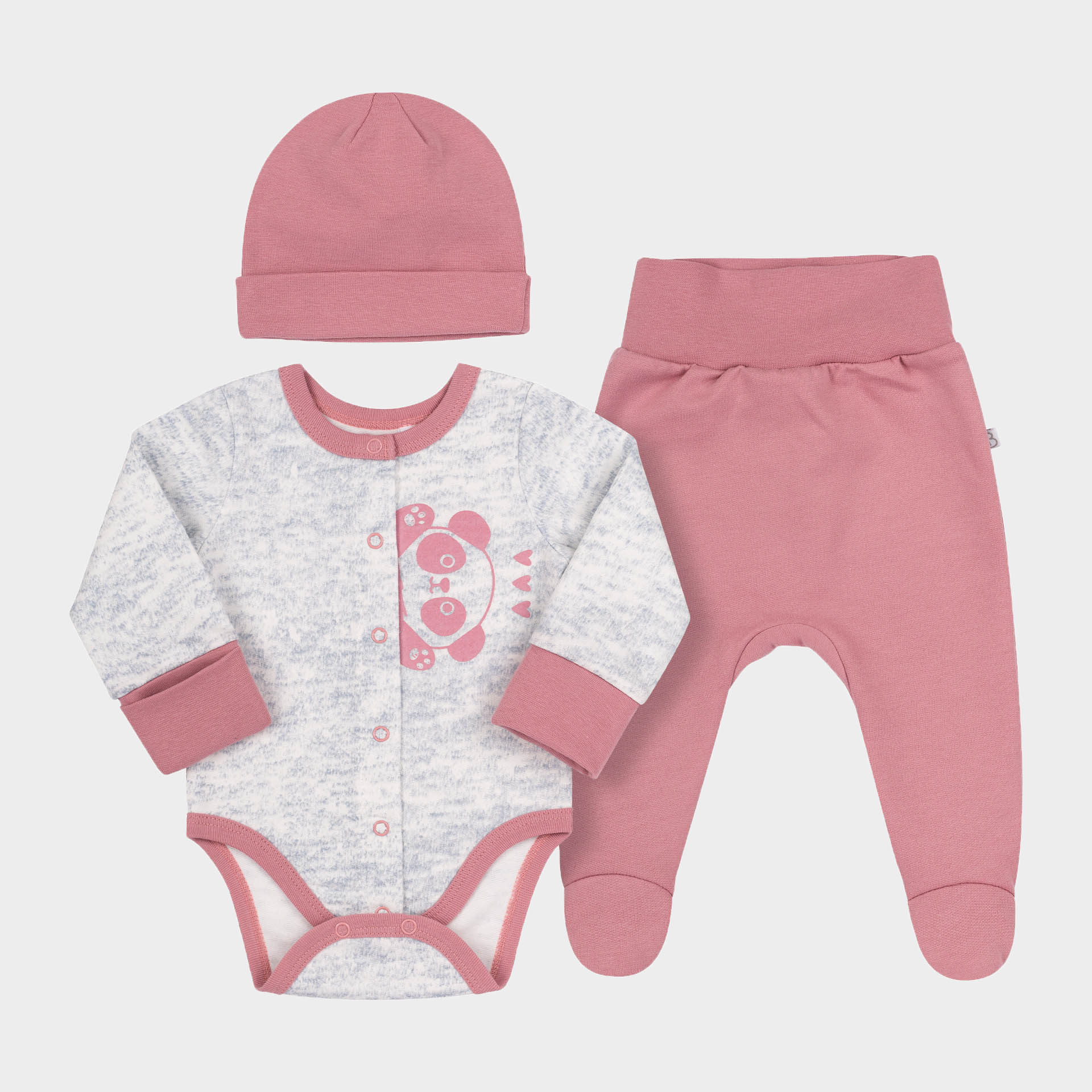 

Комплект (боди + ползунки + шапочка) Бемби KP275-W30 62 см Светло-серый/Розовый (05275001532.W30)