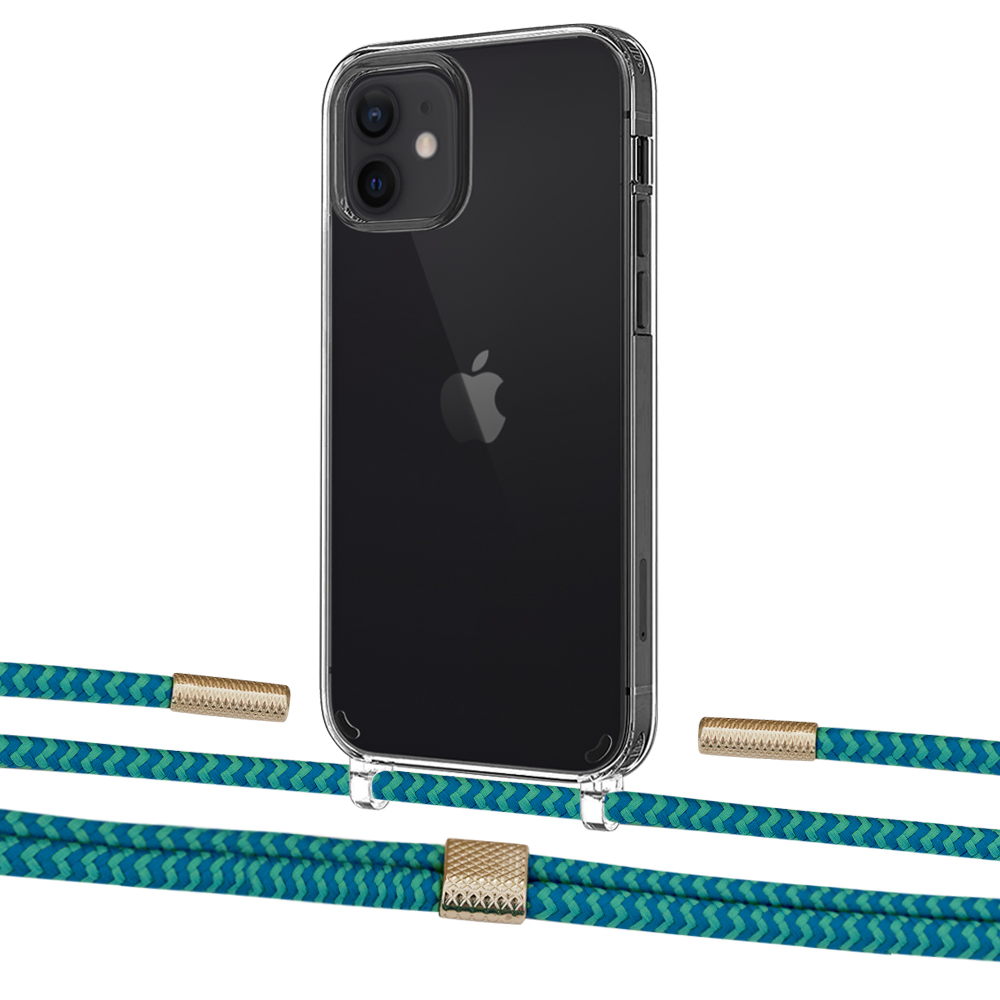 

Чехол Upex Crossbody Protection Case для iPhone 12 | 12 Pro Crystal with Twine Cyan and Fausset Gold