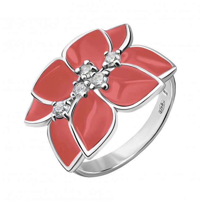

Серебряное кольцо с коралловой эмалью Смелость
