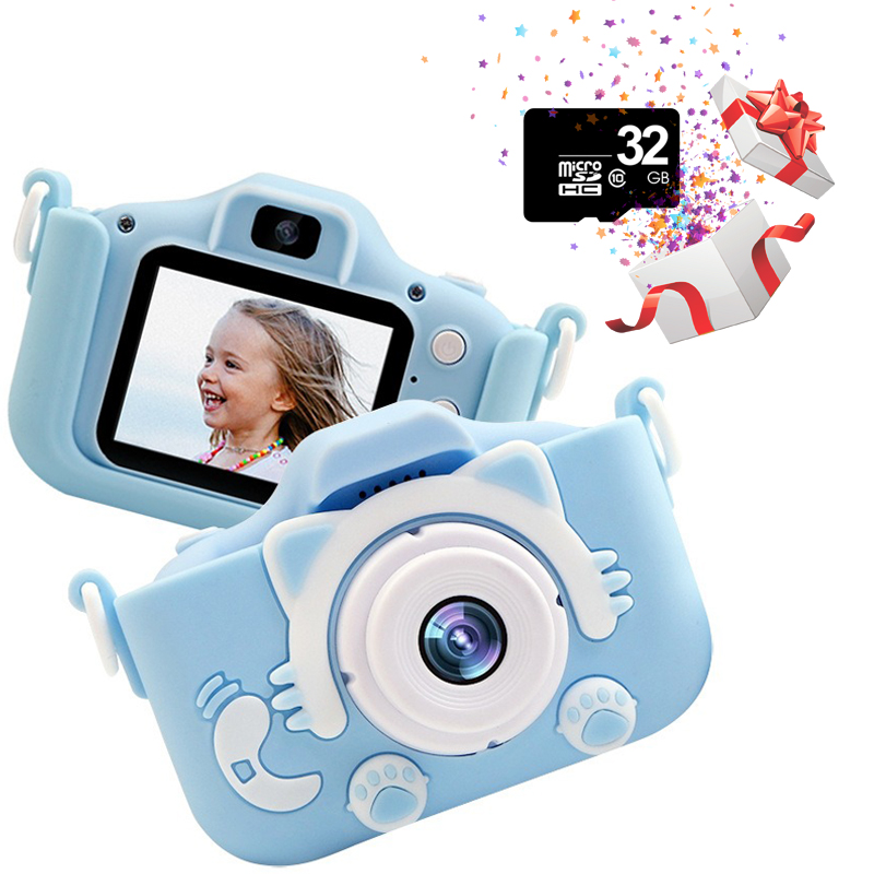 

Детский цифровой фотоаппарат Кошечка Smart Kids Kitty с экраном 2 дюйма в силиконовом чехле с встроенными играми и картой памяти 32Гб Голубой
