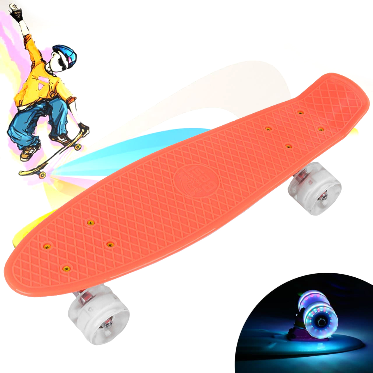 

Скейт Пенни Борд Best Board со светящимися PU колесами и антискользящей поверхностью, D-55 cм Coral