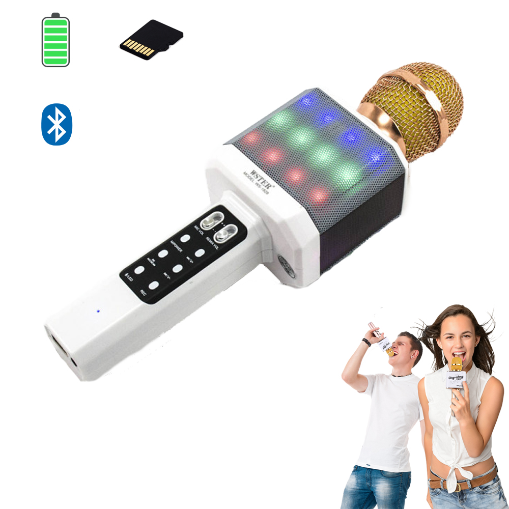 

Микрофон-караоке беспроводной WSTER WS-1828 White с функцией изменением голоса Белый с золотым