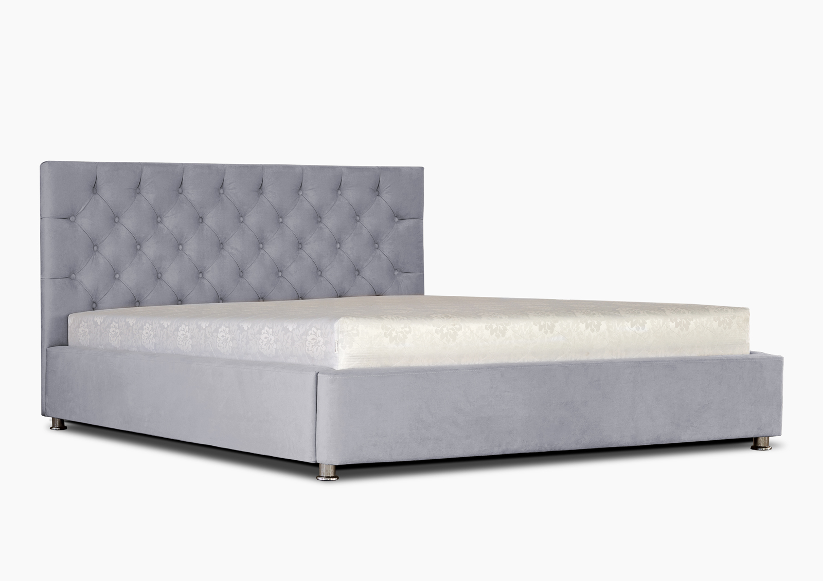 

Кровать полуторная с подъемным механизмом и мягким изголовьем из ДСП и ДВП 140х200 Милана (с пуговицами) обивка ткань серый Eurosof (с каркасом, без матраса)