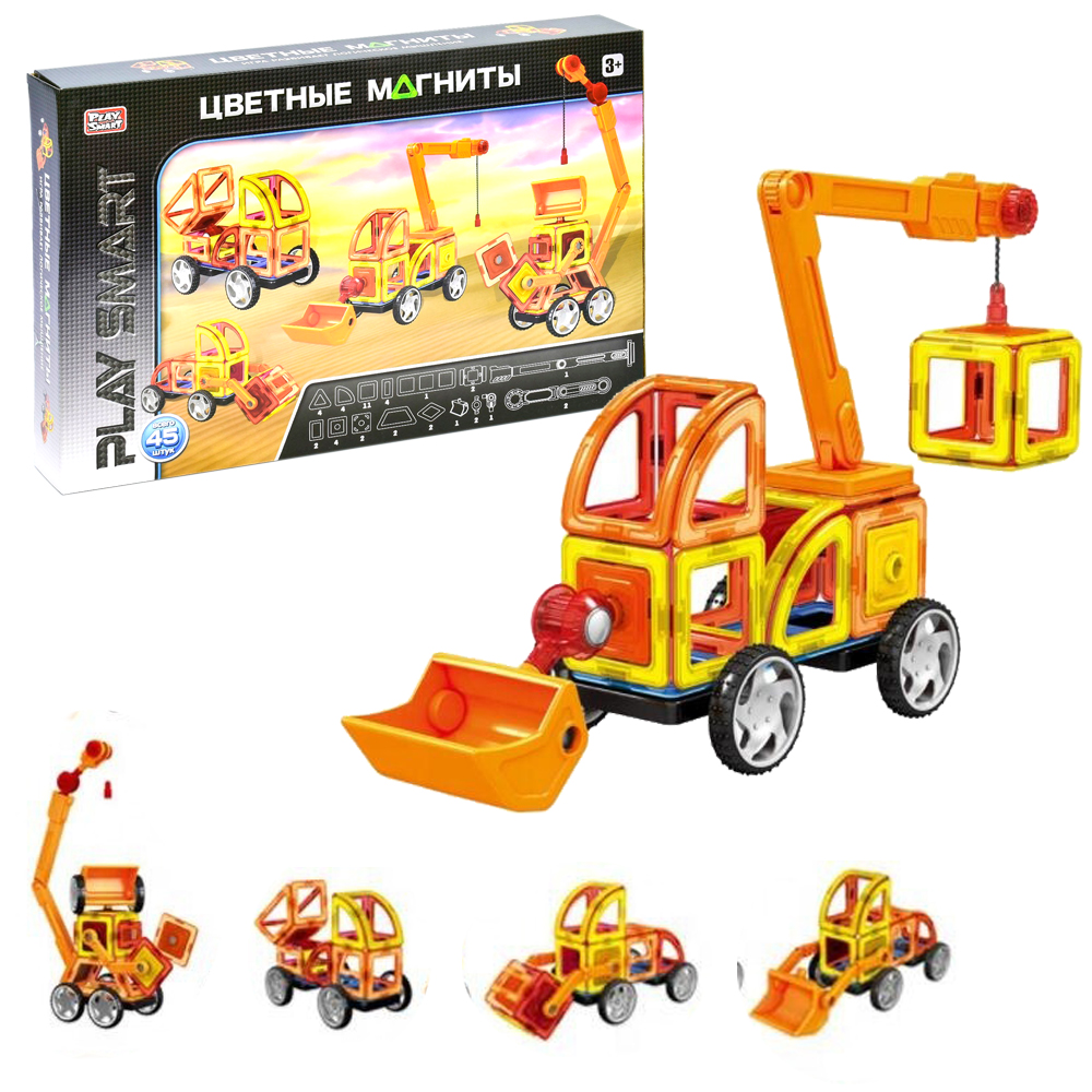 

Развивающий магнитный конструктор Стройтехника Play Smart на 45 деталей и 6 моделей