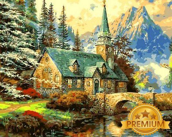 

Картина по номерам 40×50 см. Babylon Premium (цветной холст + лак) Альпийский пейзаж Часовня Художник Томас Кинкейд (NB 497)