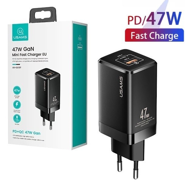 

Зарядное устройство Usams 47W GaN PD Quick Charger (Type-С+USB) для MacBook/iPad/iPhone/Android black