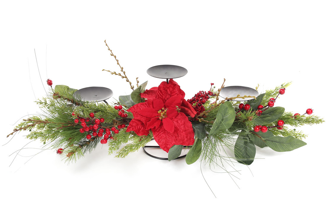 

Новогодний подсвечник на три свечи с декором из хвои цветов и красных ягод 71см BonaDi 758-344