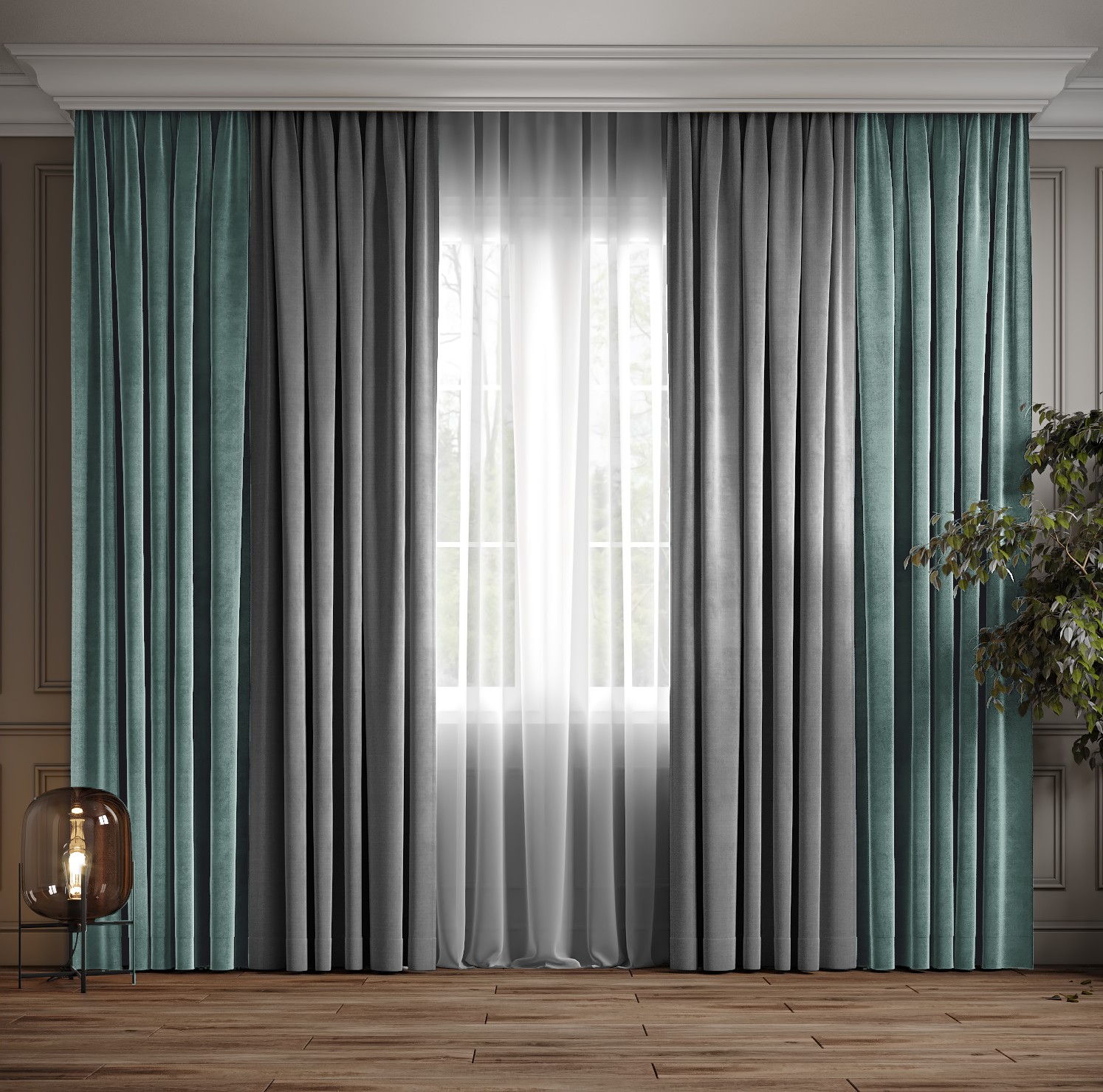 

Комплект двухцветные шторы Ann-Tailor микровелюр Светло-серый с мятным 150x270 см 2 шт (371-208)