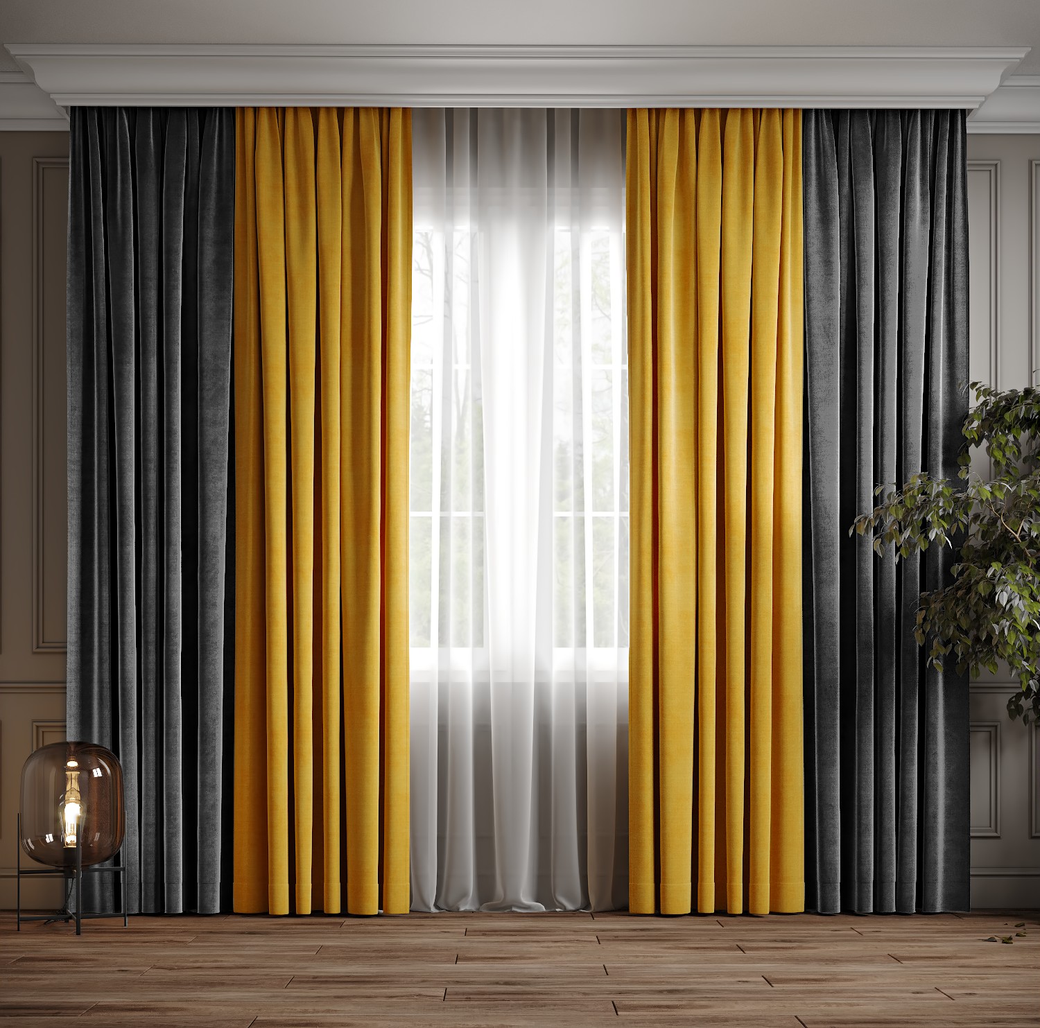 

Комплект двухцветные шторы Ann-Tailor микровелюр Серый с желтым 250x270 см 2 шт (372-344)