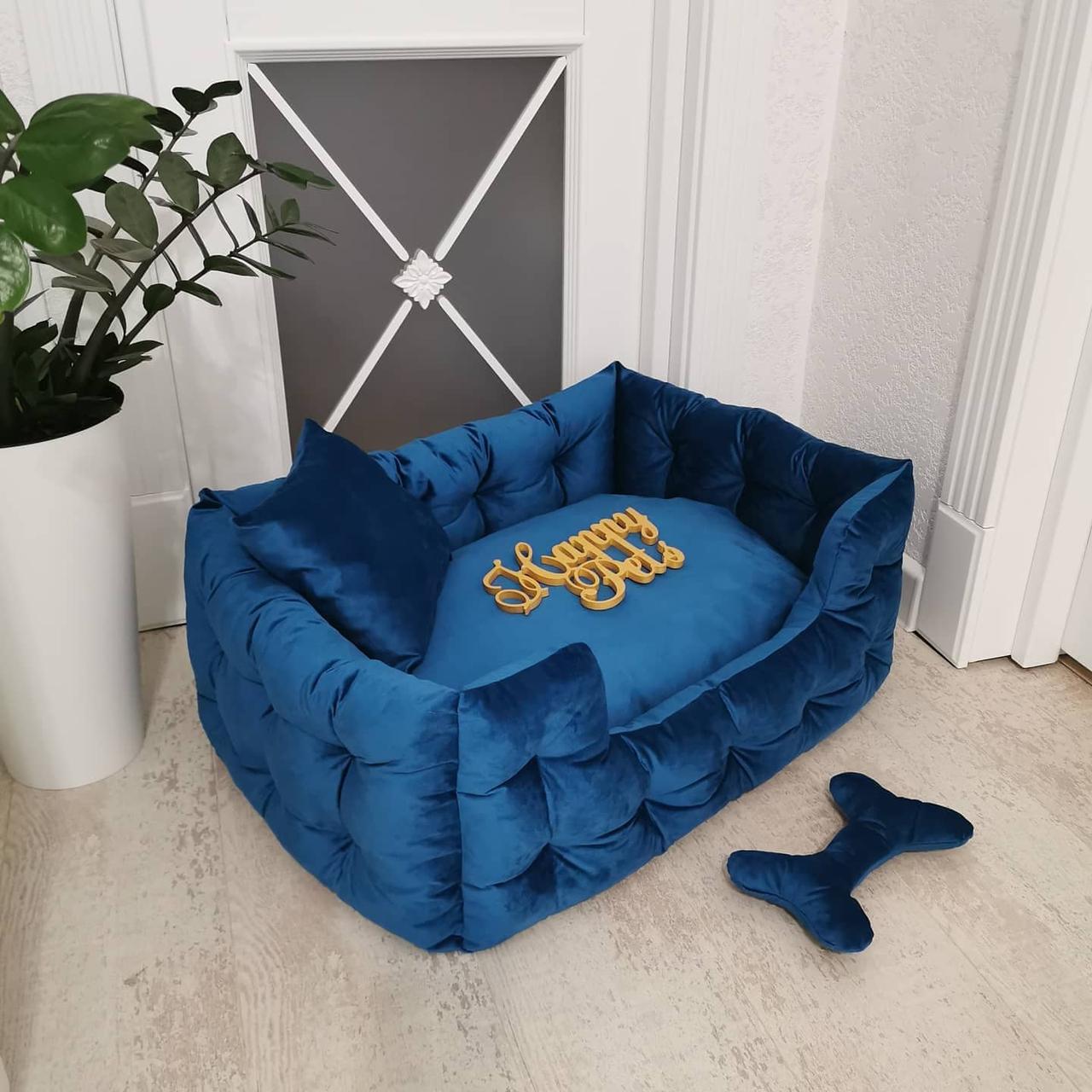 

Лежак с бортами для собак и кошек, 50х40 см, велюр, подушка, игрушка-кость, синий