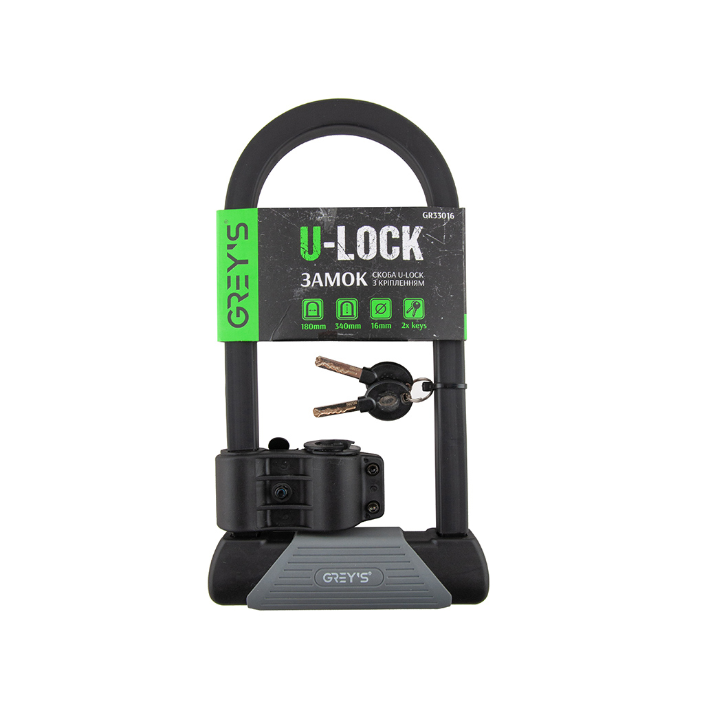 

Замок велосипедный Grey's скоба U-lock 16х180х340 мм (GR33016)