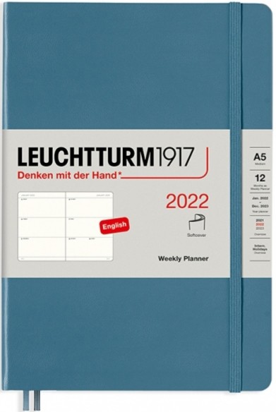 

Щотижневик горизонтальний Leuchtturm1917 на 2022 рік середній 14,5 х 21 см сіро-синій м'який