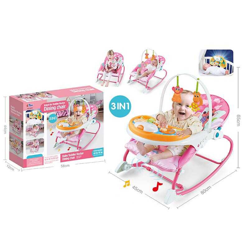 

Шезлонг детское кресло качалка Baby Toddler Rocker Dining Chair 8588 музыкальная панель, музыкальный блок с вибрацией, съёмная столешница, 2 игрушки, подсветка