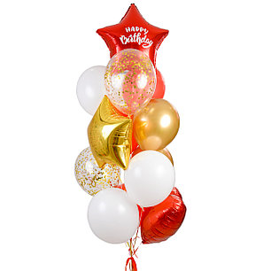 

Связка воздушных шаров с красной звездой и надписью "Happy Birthday"