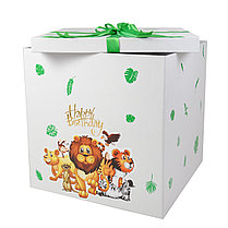 

Коробка белая с наклейкой с животными, золотой надписью "Happy birthday" и декором зеленые листочки, связка:
