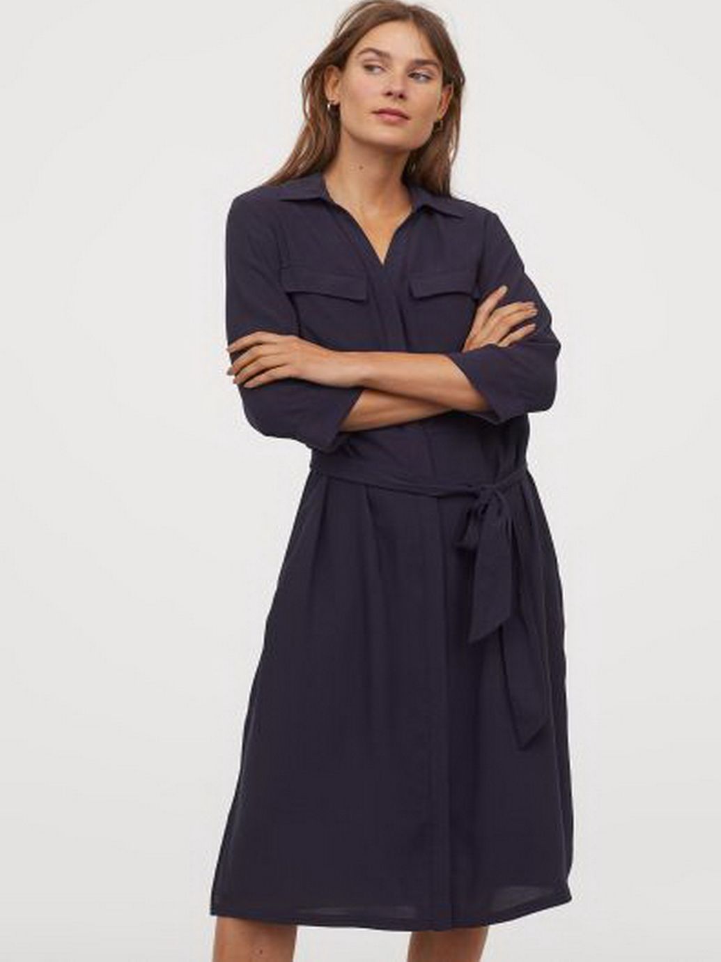 Акция на Сукня-сорочка міді осіння жіноча H&M 0858565-1 36 Темно-синя (СА2000001685037) от Rozetka