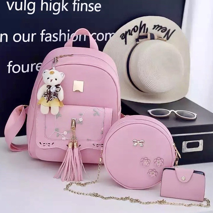 

Оригинальный женский набор рюкзак + сумочка + визитница Эко-кожа PINK с брелком