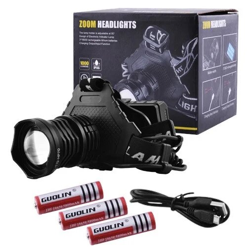 

Фонарь налобный аккумуляторный LED HeadLight P70-HP70 18650x3 Zoom 1000Lm