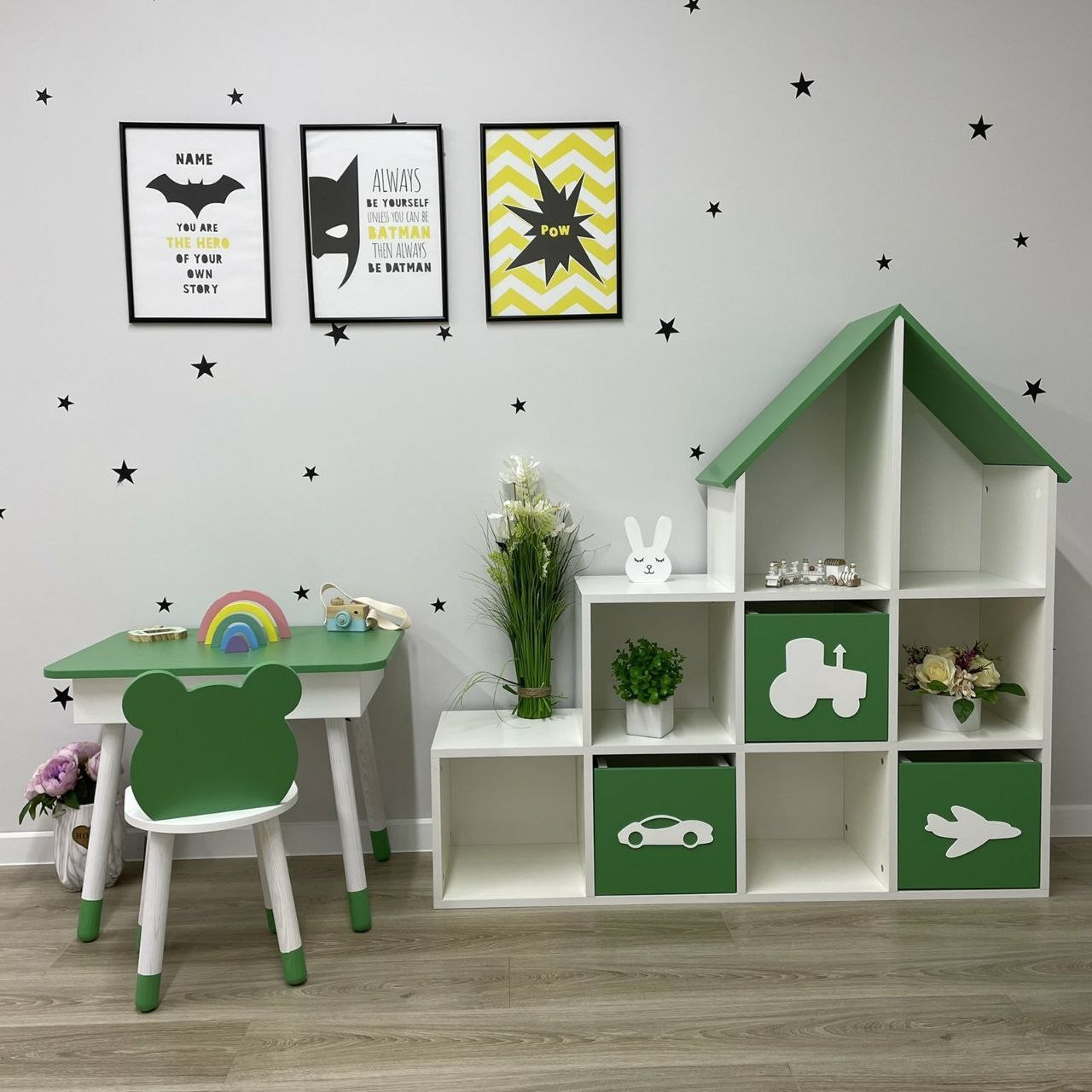 

Комплект детский Scandik Kid Стол прямоугольный с пеналом и стульчик Мишка Цвет зеленый с белым
