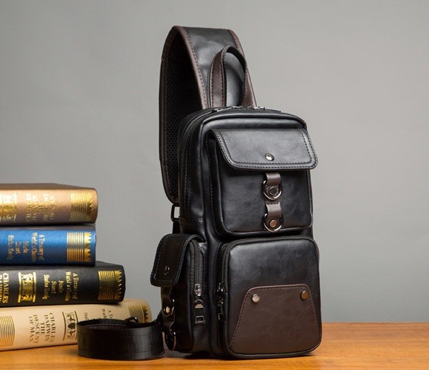 

Мужская нагрудная сумка бананка Eton небольшой рюкзак барсетка на плечо черный (0509Ч)