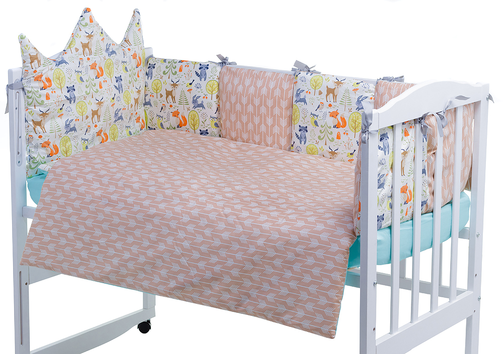 

Детская постель Babyroom Classic Bortiki-01 (6 элементов) бирюза-бежевый-белый (лесные звери). 33389