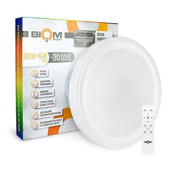 

Светодиодный светильник Smart 80w + 6w RGB 6400lm с пультом Biom (SML-R19-80)