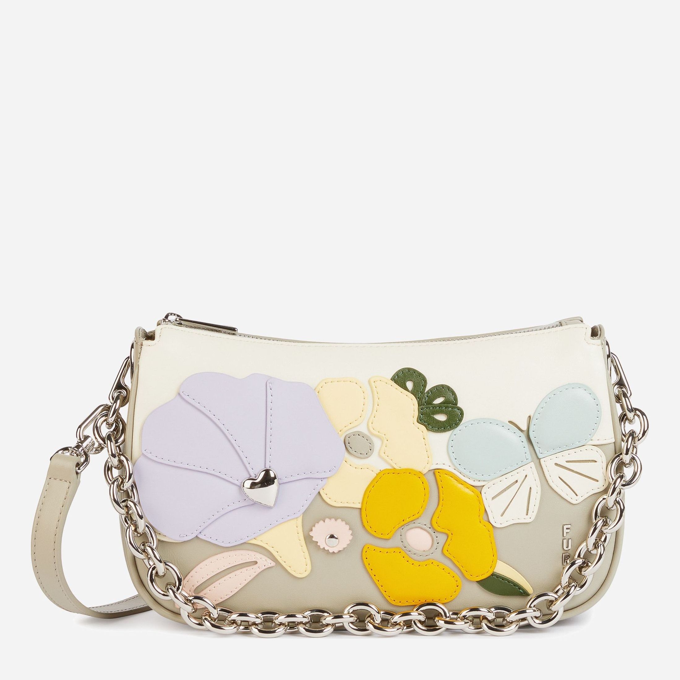 

Сумка женская кожаная Furla Moon S Shoulder Bag WB00356-BX0344-TM100 Серая с аплекацией "цветы"