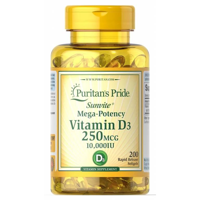 

Витамины и минералы Puritans Pride Vitamin D3 (10000 IU) Sunvite Mega-Potency 200 гель. капсул (445200)