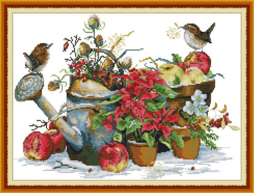 

Набор для вышивания по нанесённой на канву схеме "Flower pot and birds ".AIDA 14CT printed , 48*36 см