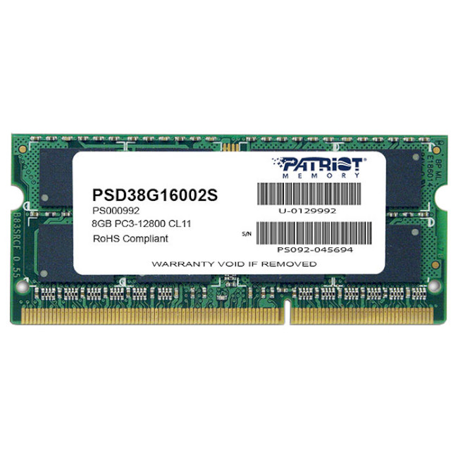 

Оперативная память Patriot SODIMM DDR3 1600 MHz 8Gb (PSD38G16002S)