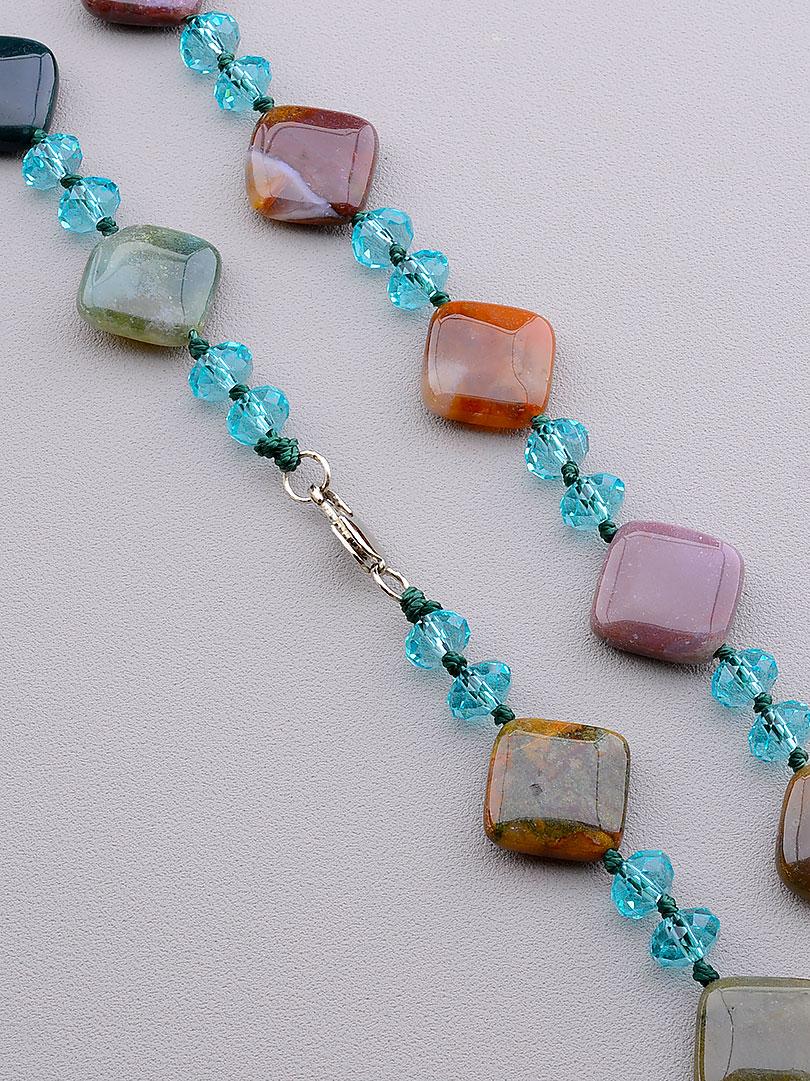 

072218 Бусы Яшма, Чешский хрусталь 120 см.