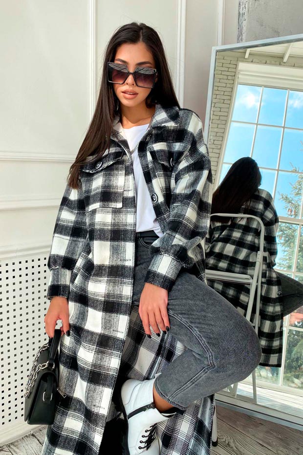 

Женское Seventeen кашемировое пальто-рубашка в клетку серого цвета L-XL (1685.4588)