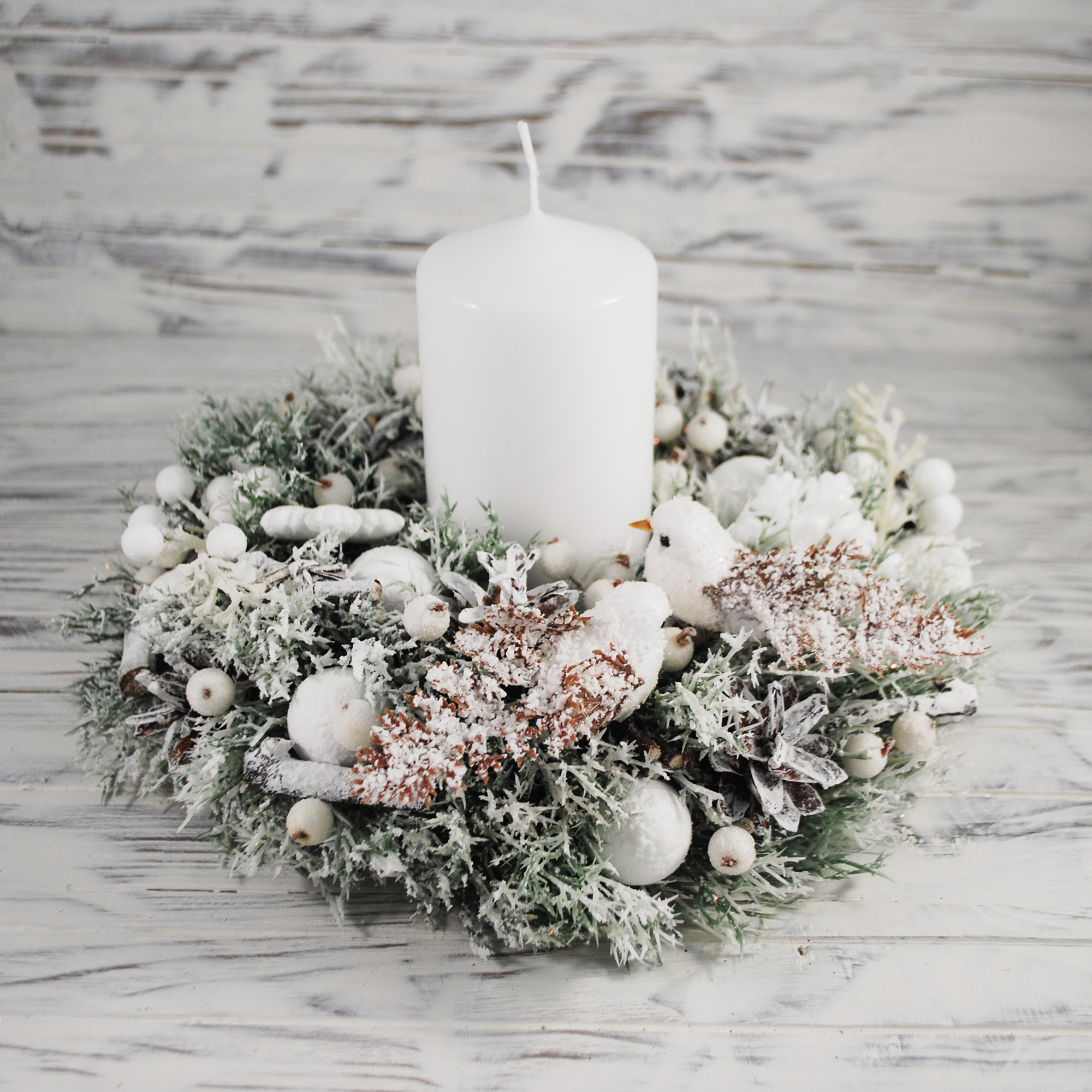 

Новогодняя композиция со свечой и птичками Wedstyle