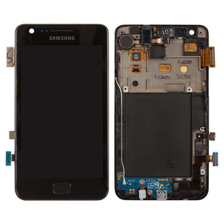 

Дисплей для Samsung I9100 Galaxy S2, чорний, із сенсорним екраном, з передньою панеллю, оригінал (переклеєне скло)