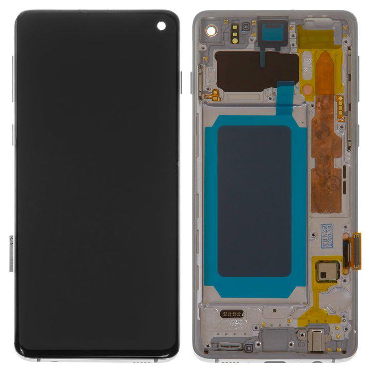 

Дисплей для Samsung G973 Galaxy S10, білий, із сенсорним екраном, з рамкою, оригінал (переклеєне скло)