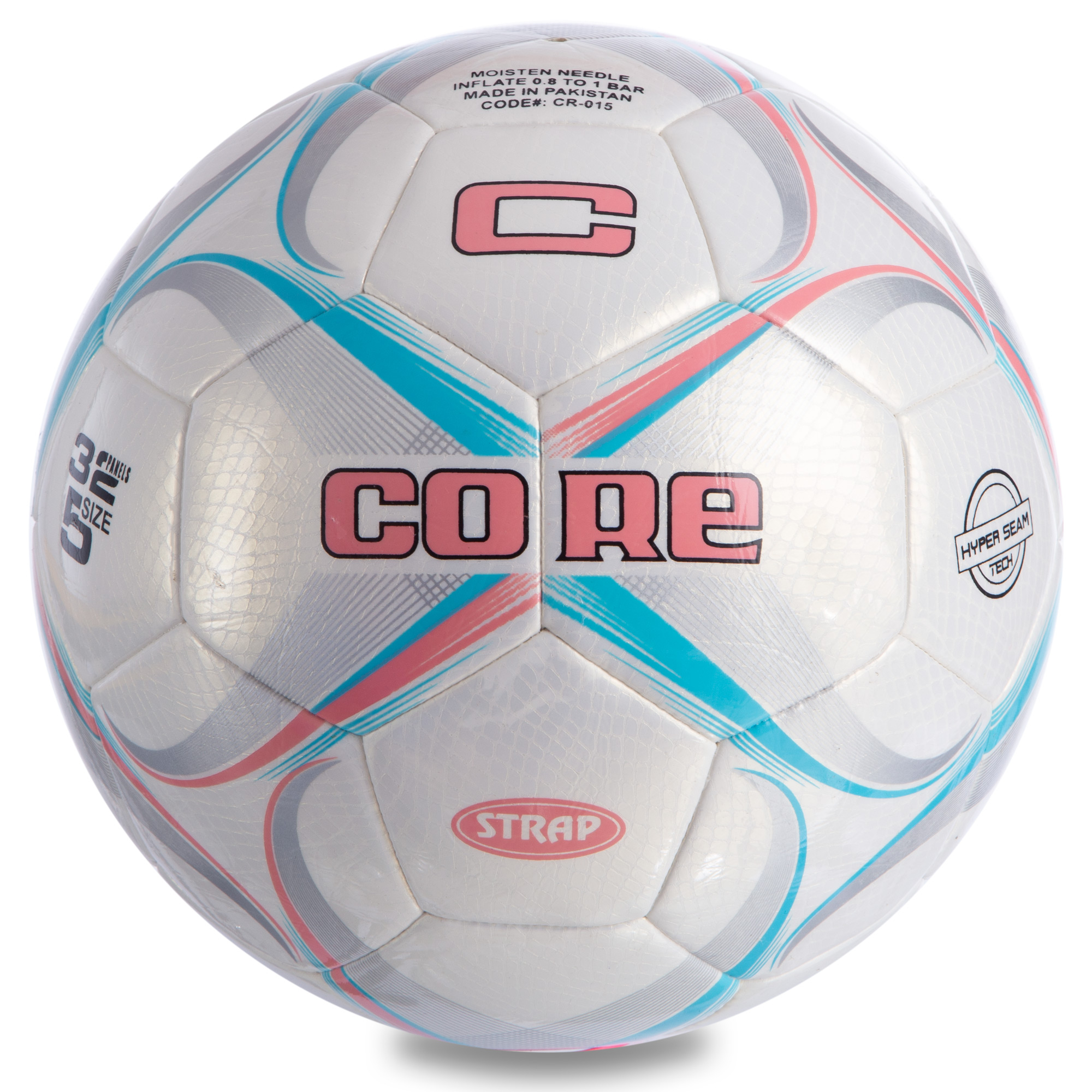 

Мяч футбольный №5 PU HIBRED Сшит машинным способом CORE STRAP CR-015 (№5, 5сл., белый-розовый-голубой)