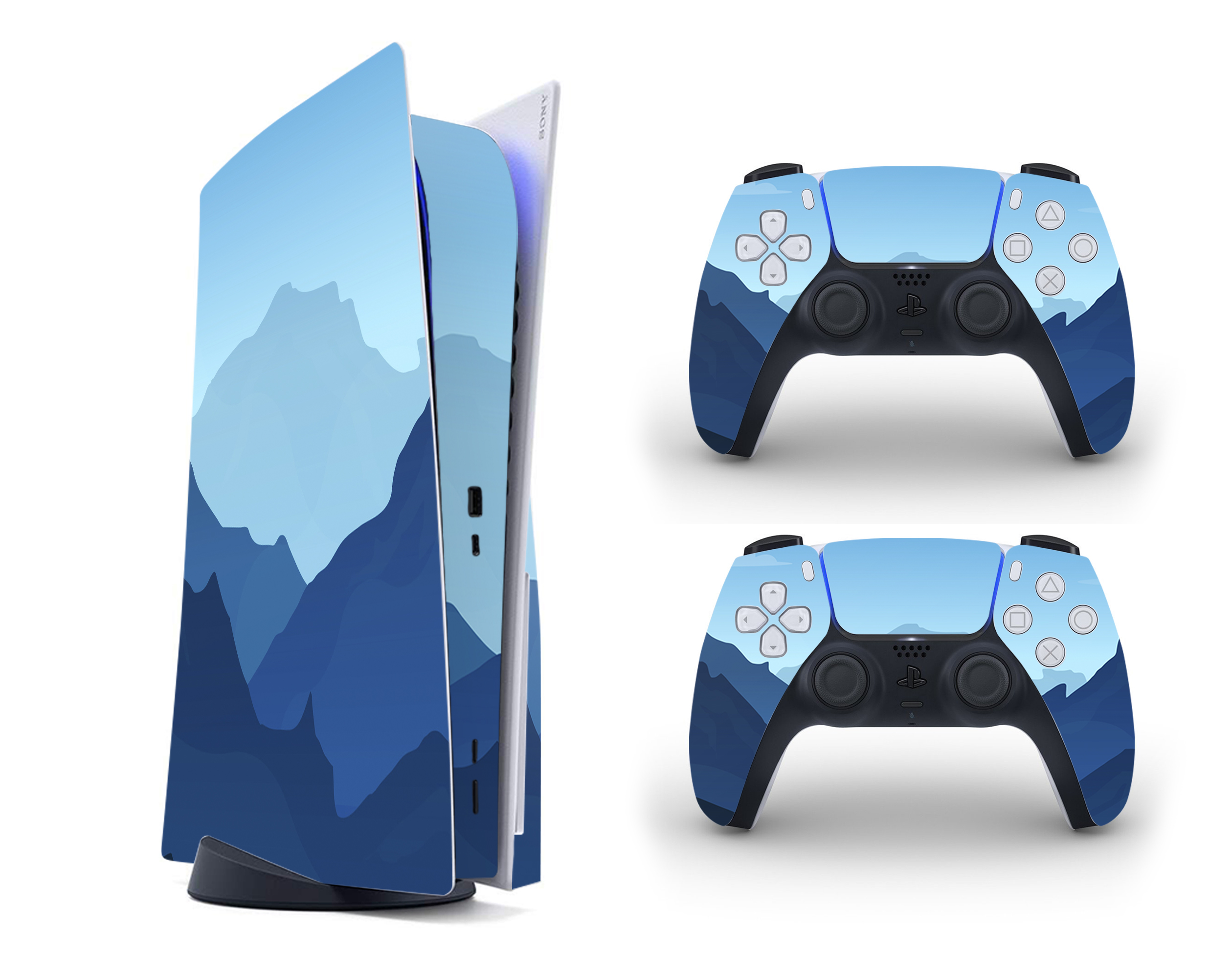 

Виниловая наклейка на Sony PlayStation PS5 консоль и контроллер с принтом голубые горы, арт.700356