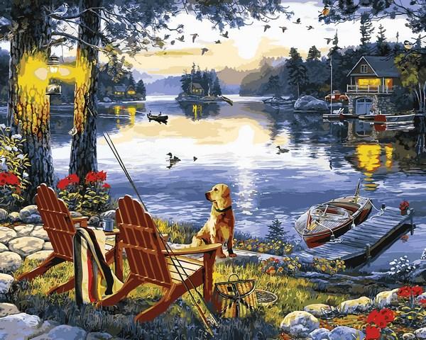 

Картина по номерам Q2251 Рыбалка с собакой, 40x50 см., Mariposa